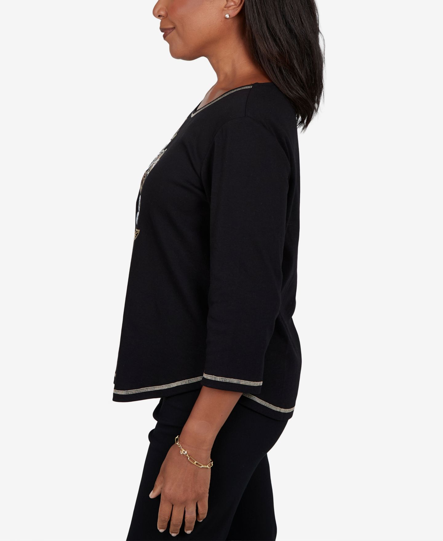 Женский топ Alfred Dunner Petite 3/4-Sleeve Floral Embroidered, цвет: Чёрный — фото 3