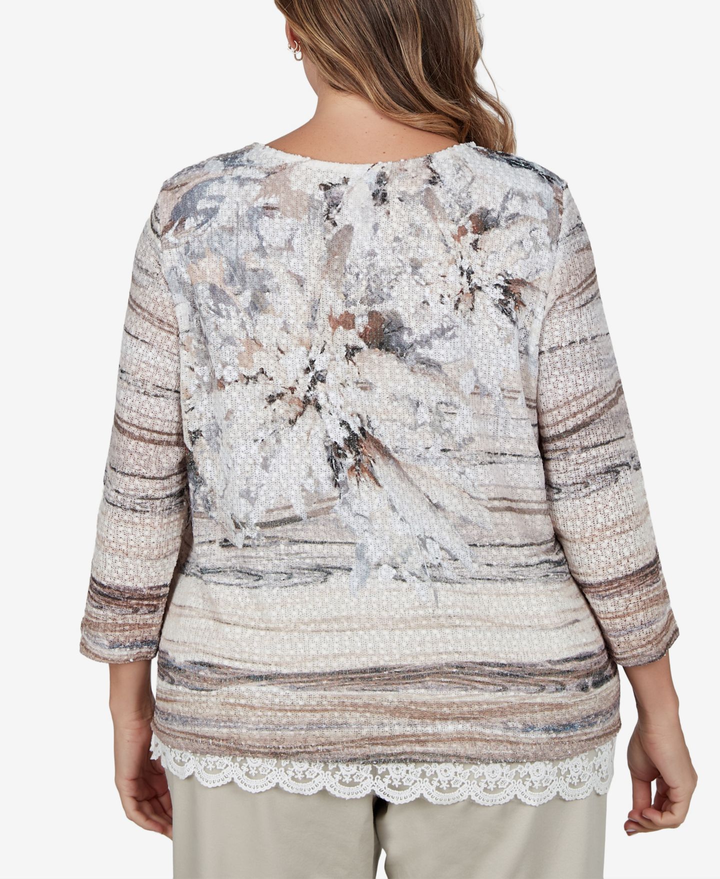 Женский топ Alfred Dunner Plus Size Lace Scoop Neck 3/4-Sleeve, цвет: Рыжевато-коричневый разноцветный — фото 5