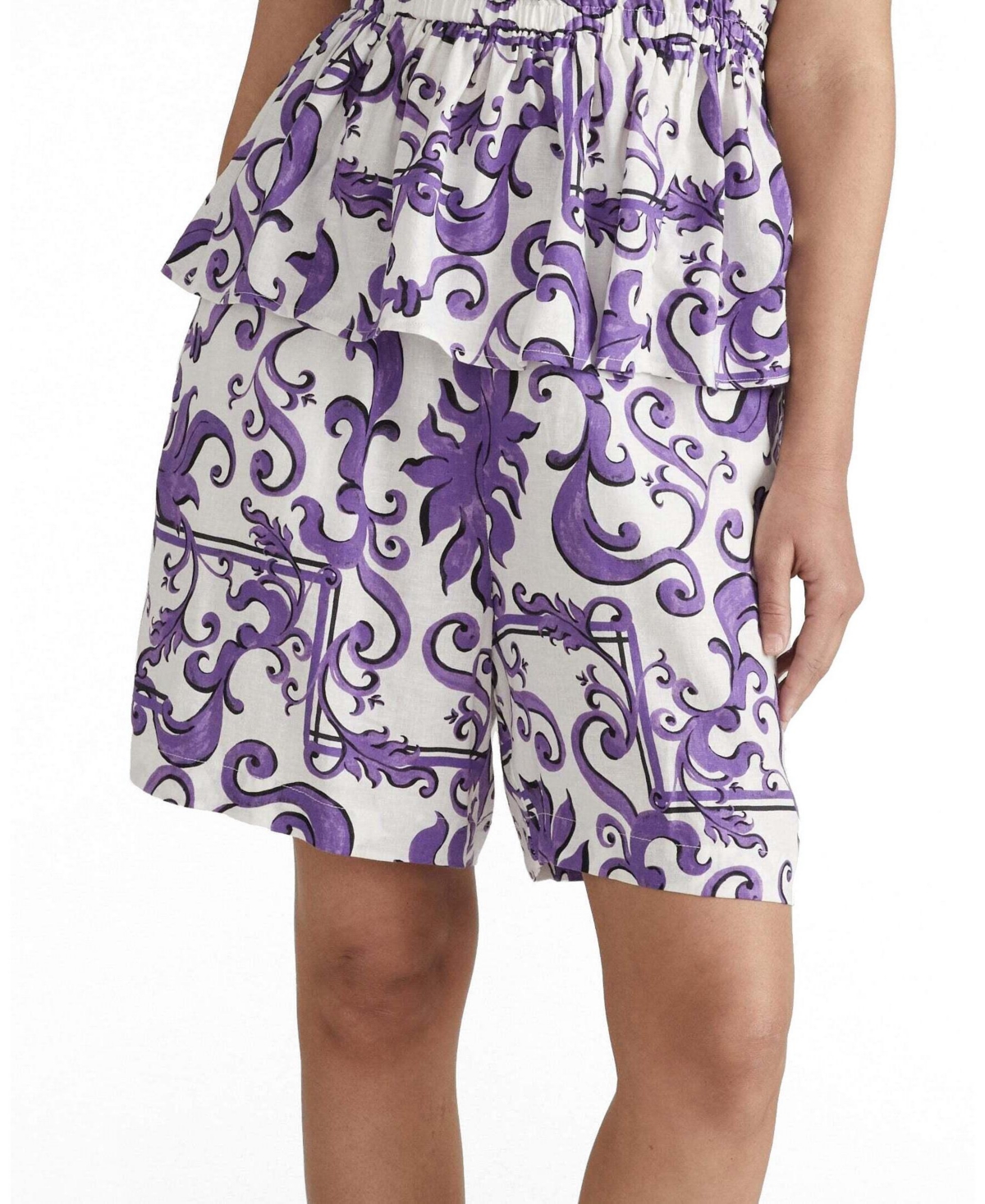 Juniper Linen Blend Easy Pull-On Shorts - Purple Majolica Print - M_18-20 / Purple Majolica Print
