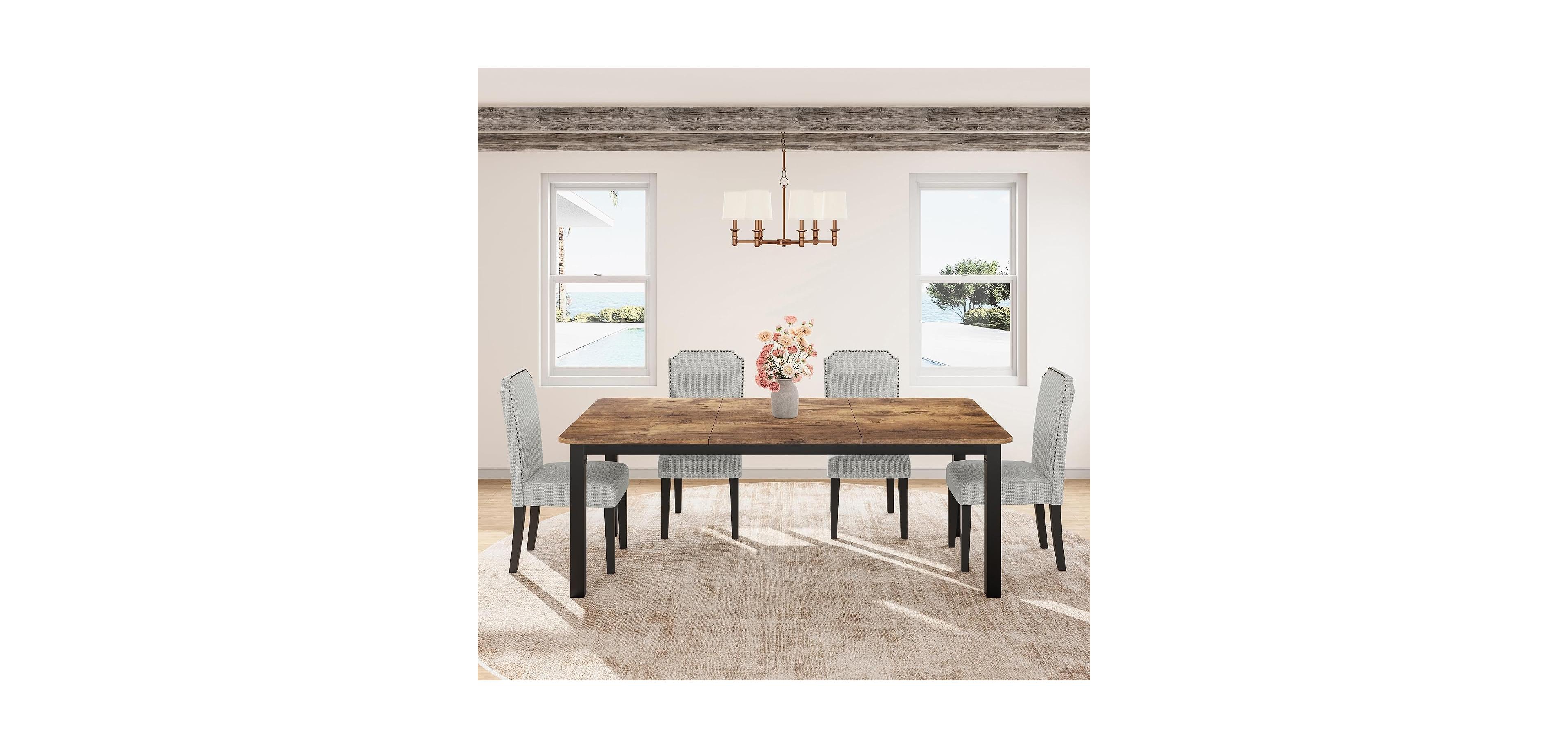 homfan 5-Piece 78.7" Dining Table Set with 4 Upholstered Chairs, Seats 6-8, Metal Legs