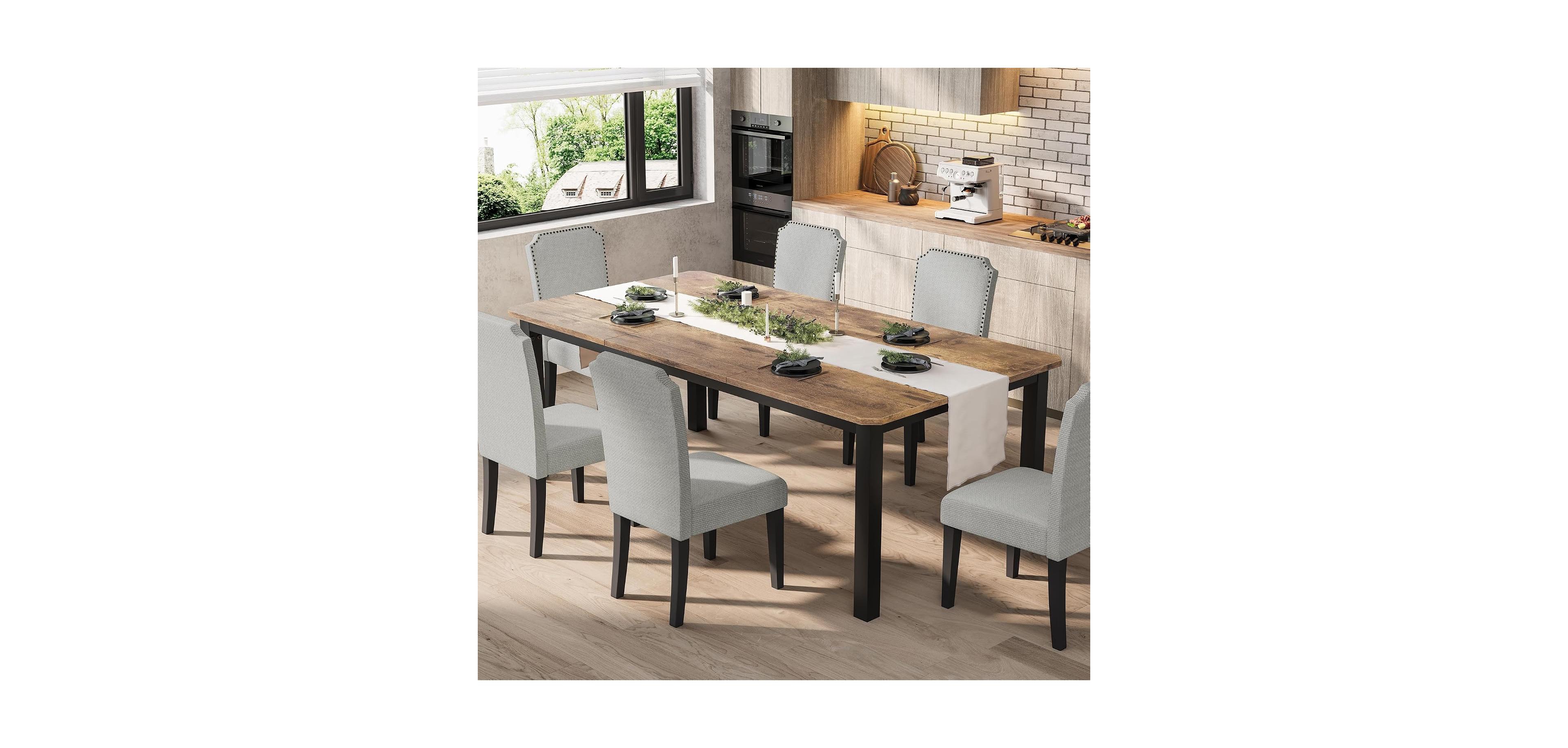 homfan 7-Piece 78.7" Dining Table Set with 6 Upholstered Chairs, Seats 6-8, Metal Legs