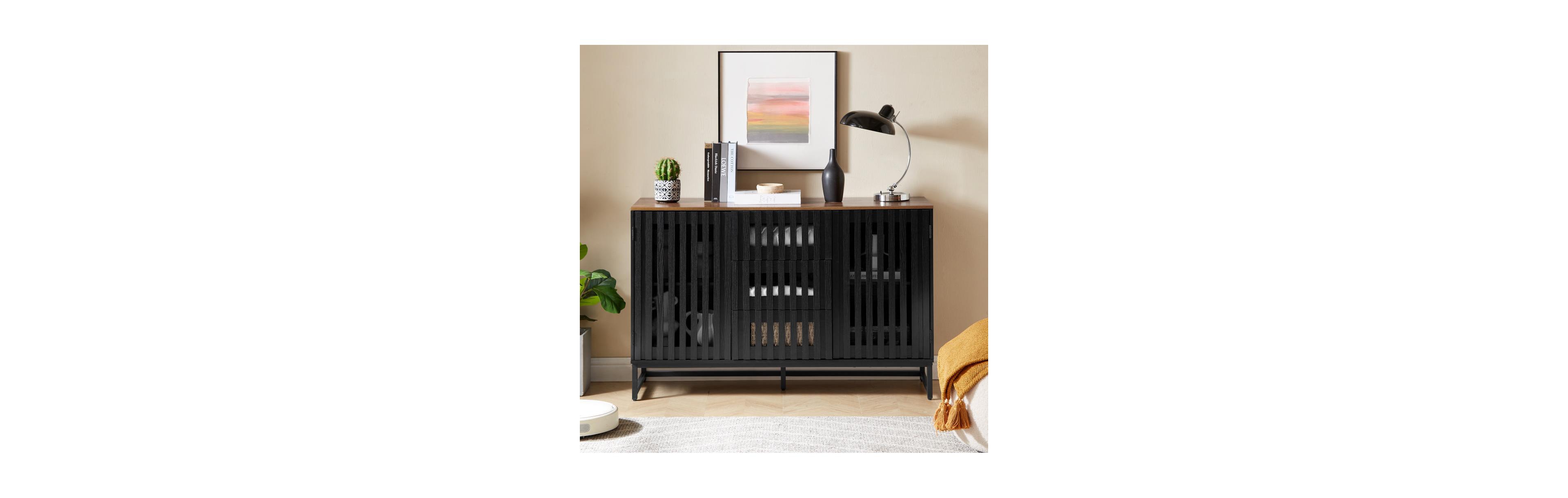 Boyel Living 3 Drawer and 4 Shelves Dresser with Slatted Grille Striped Drawer and doors, Modern Style Dresser, High-Quality Mdf and Metal Leg