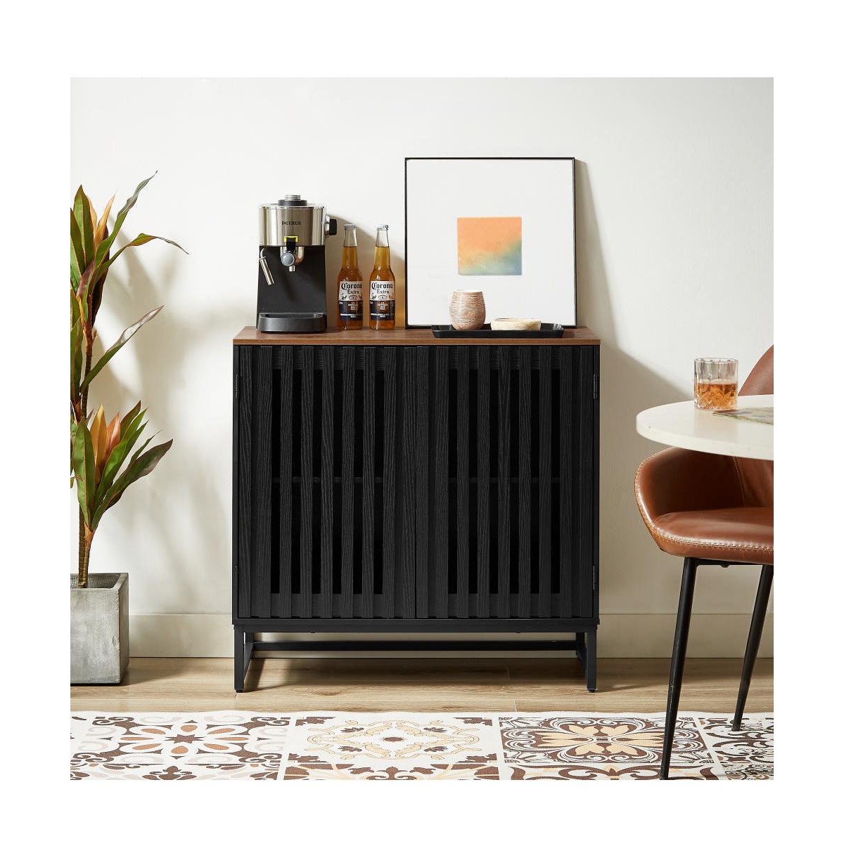 Boyel Living Cabinet with Slatted Grille Striped Door, Modern Style Cabinet, High-Quality Mdf and Metal Leg - Black+brown