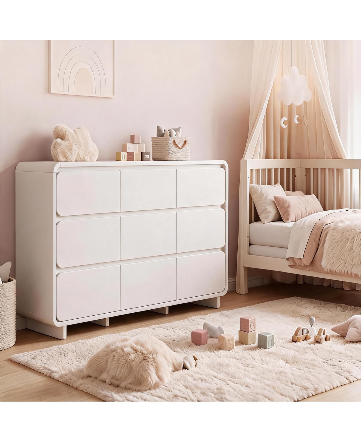 homfan 63 Inch 9 Drawer Dresser Mid Century Modern Chest of Drawers with Wood Texture Finish for Bedroom Living Room - White