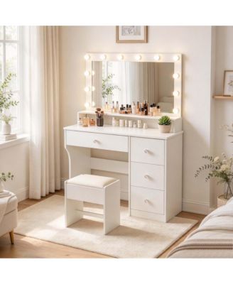 Modern 4-Drawer Bulb Vanity Table with Single Side Storage MDF Glass PU Iron Compact Dressing Desk for Bedroom Apartment