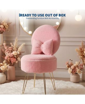 Flannel Vanity Chair with Storage, Bow-Knot Decor, Gold Metal Legs for Bedroom