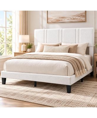 Full Size Boucle Bed Frame with Upholstered Headboard, No Box Spring Needed