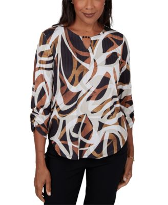 Petite Keyhole 3/4-Sleeve Print Blouse