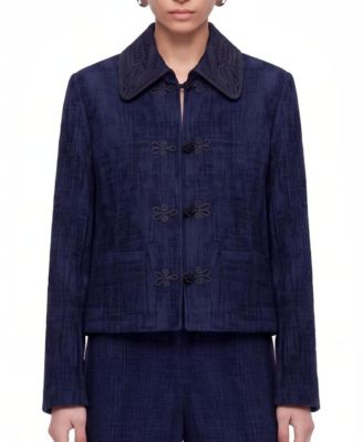 Women's Embroidered-Collar Chenille Frog-Closure Jacket