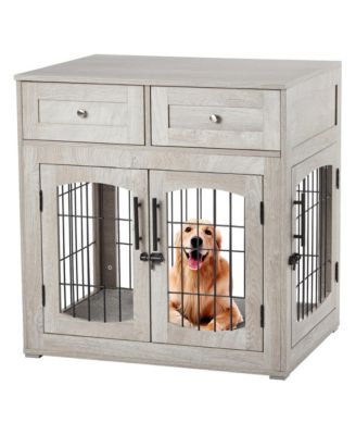 3-Door Wooden Dog Crate Furniture with Cushion and 2 Drawers, Indoor Kennel for Dogs up to 130 lbs