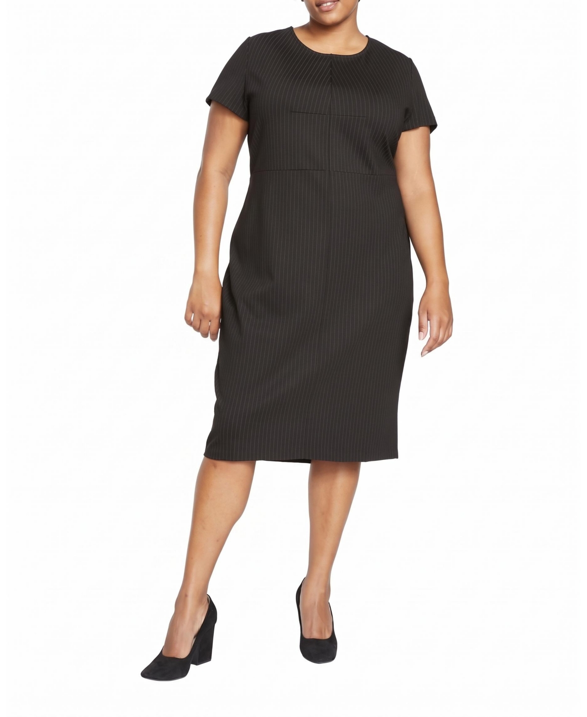 Universal Standard Plus Size Executive Short-Sleeve Ponte Dress - Slate pinstripe