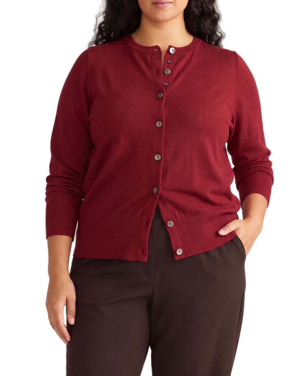 Universal Standard Plus Size Savvy Fine Knit Long-Sleeve Crewneck Cardigan Sweatshirts - Garnet