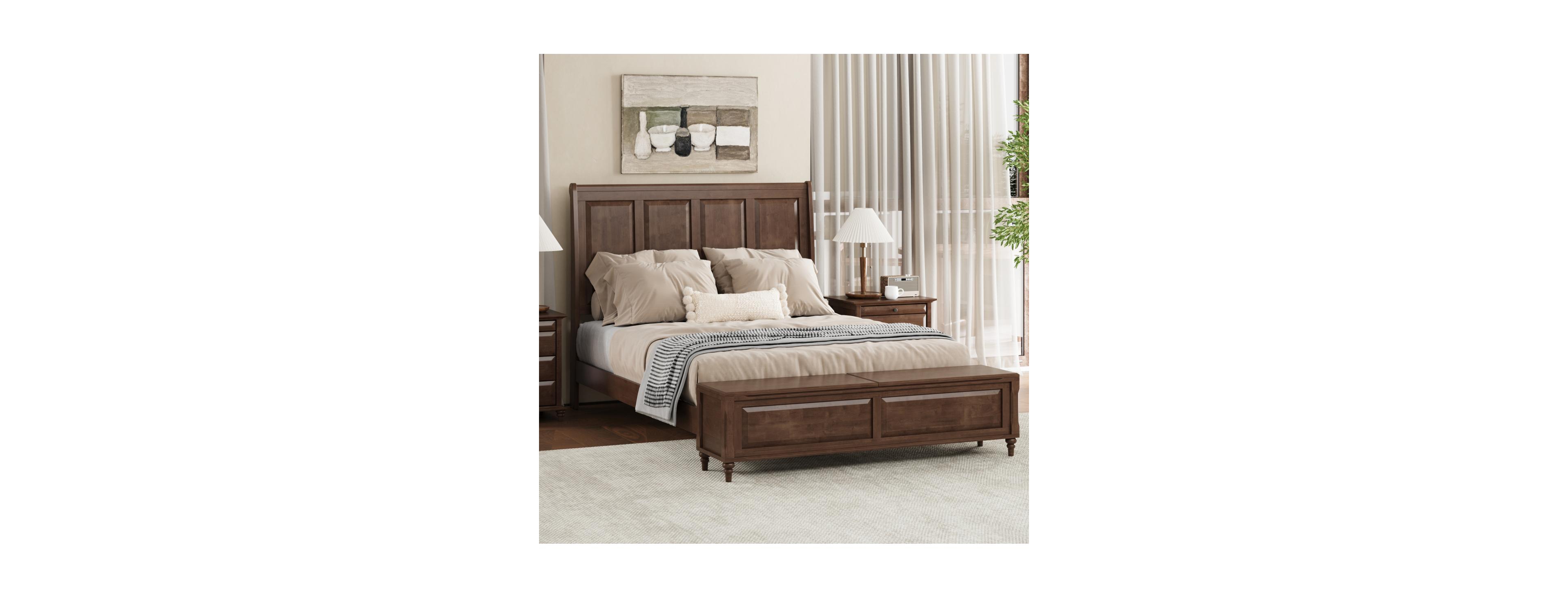 Streamdale Furniture Queen Solid Wood Sleigh Bed with Tall Headboard and Storage Bench