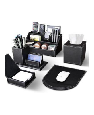 PU Leather 5 Piece Office Desk Organizer Set with Mouse Pad Tissue Holder and Pencil Cup