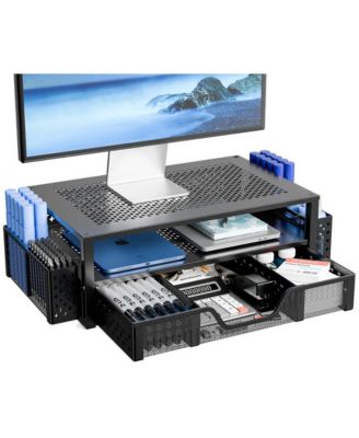 2 Tier Monitor Stand With Drawer Pen Holders Ergonomic Cooling Design