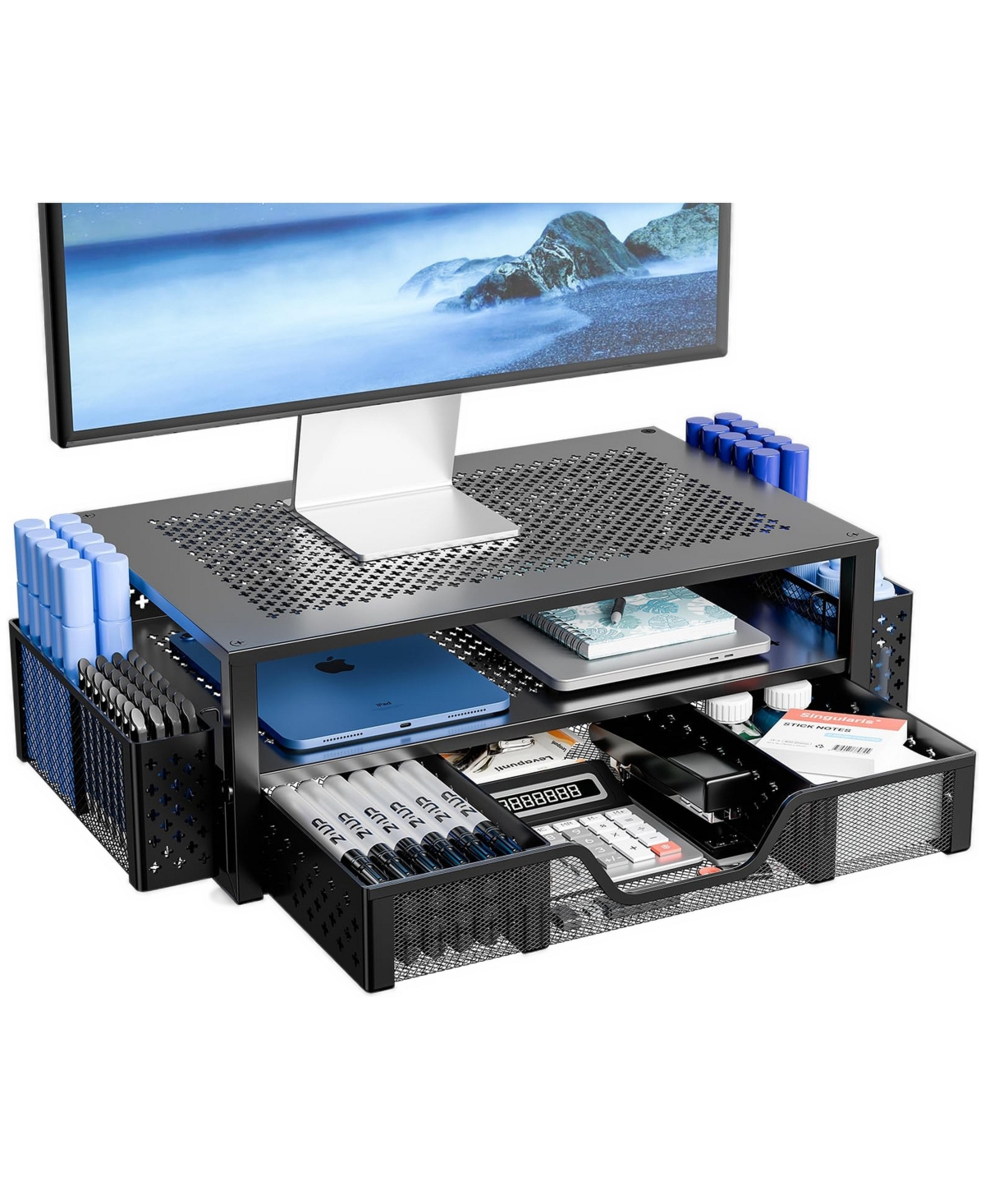 Four Candies 2 Tier Monitor Stand With Drawer Pen Holders Ergonomic Cooling Design - black