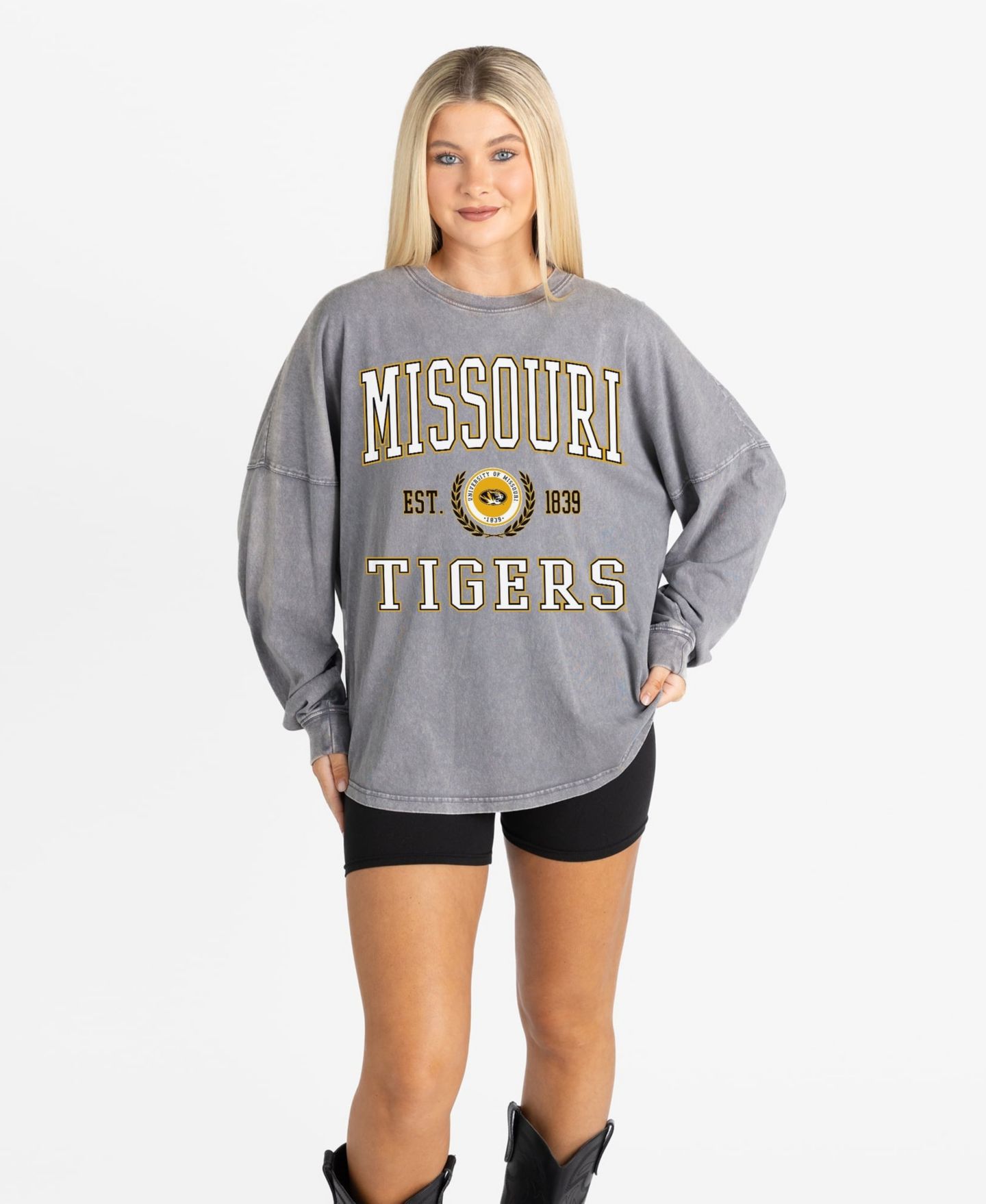 Женская футболка Gameday Couture Gray Missouri Tigers Oversized Final Score Snow Wash Long-Sleeve — фото 1
