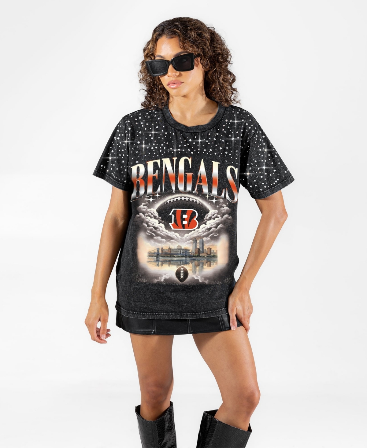 Gameday Couture Women's Black Cincinnati Bengals Sky's the Limit Washed Micro Rhinestone T-Shirt - Black