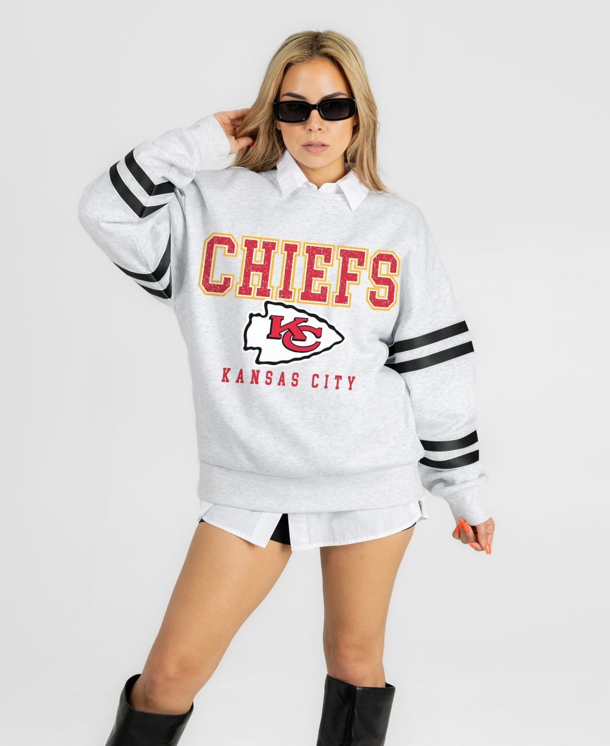 Gameday Couture Women's Ash Kansas City Chiefs Stadium Stripes Oversized Fleece Sweatshirt - Ash