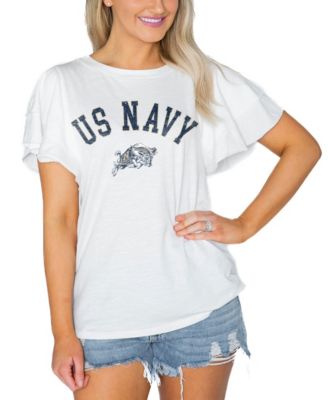 Women's White Navy Midshipmen Arch Logo Flutter Sleeve Lightweight T-Shirt