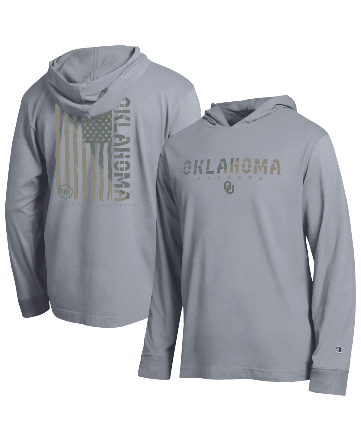 Champion Men's Heather Gray Oklahoma Sooners Operation Hat Trick Flag Hooded Long-Sleeve T-Shirt - Heather Gray