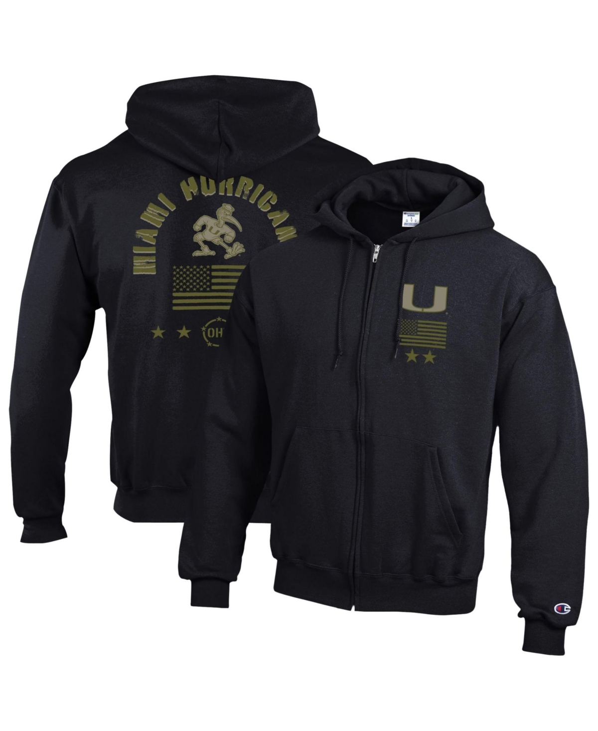 Champion Men's Black Miami Hurricanes Operation Hat Trick Flag Powerblend Fleece Full-Zip Hoodie - Black