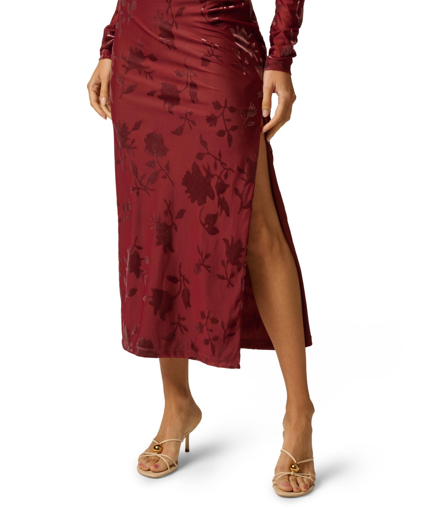 Женское платье Adrianna Papell Velvet Burnout Midi Long-Sleeve Mock-Neck Floral, цвет: Каштаново-рыжий — фото 4