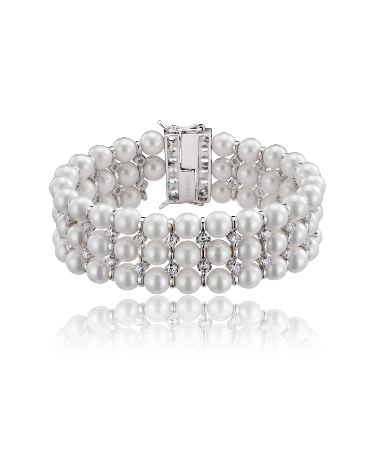 Genevive Sterling Silver White Gold Plated Cubic Zirconia 3 Row Pearl Bracelet - White