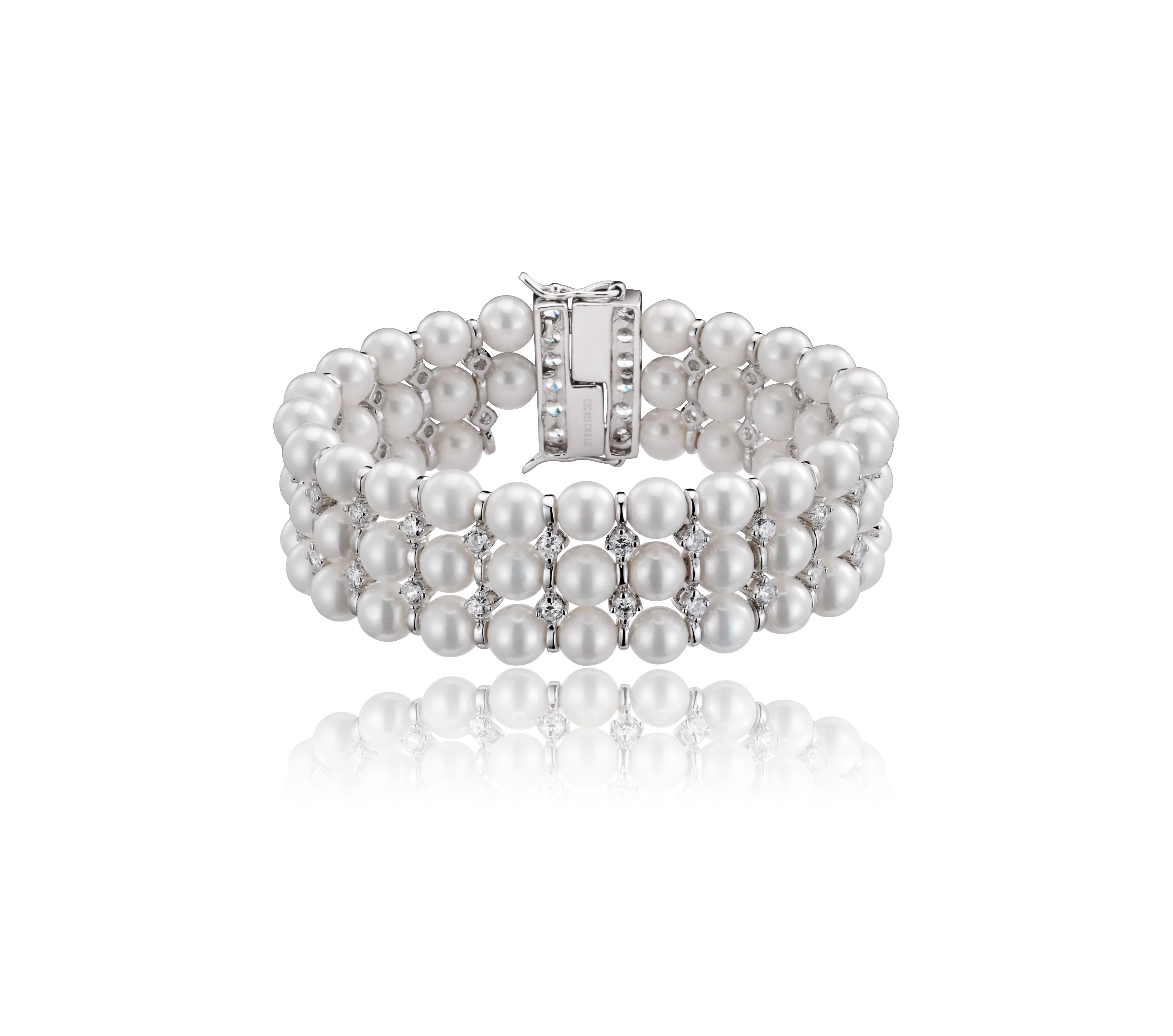Genevive Sterling Silver White Gold Plated Cubic Zirconia 3 Row Pearl Bracelet