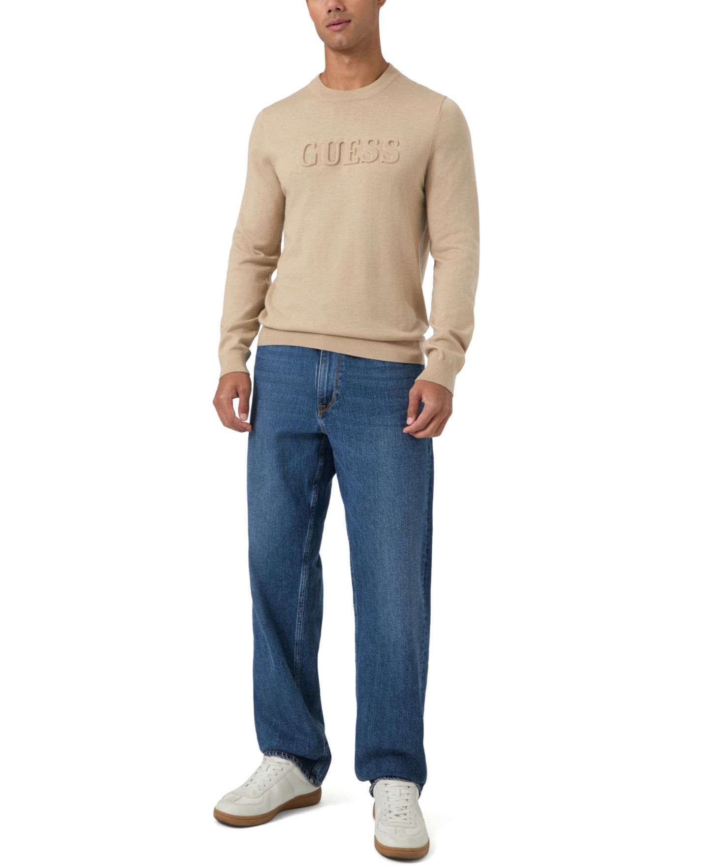 Мужской свитер GUESS Myles Crewneck Embossed Logo Long-Sleeve, цвет: Бежевый — фото 2