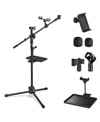 Adjustable Height 360-Degree Rotating Boom Microphone Stand with Storage Tray and Phone Holder, 31"–53"