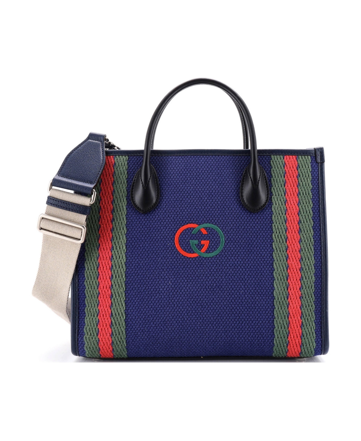 Pre-Owned Gucci Medium Interlocking G Web Tote Embroidered Canvas - Blue
