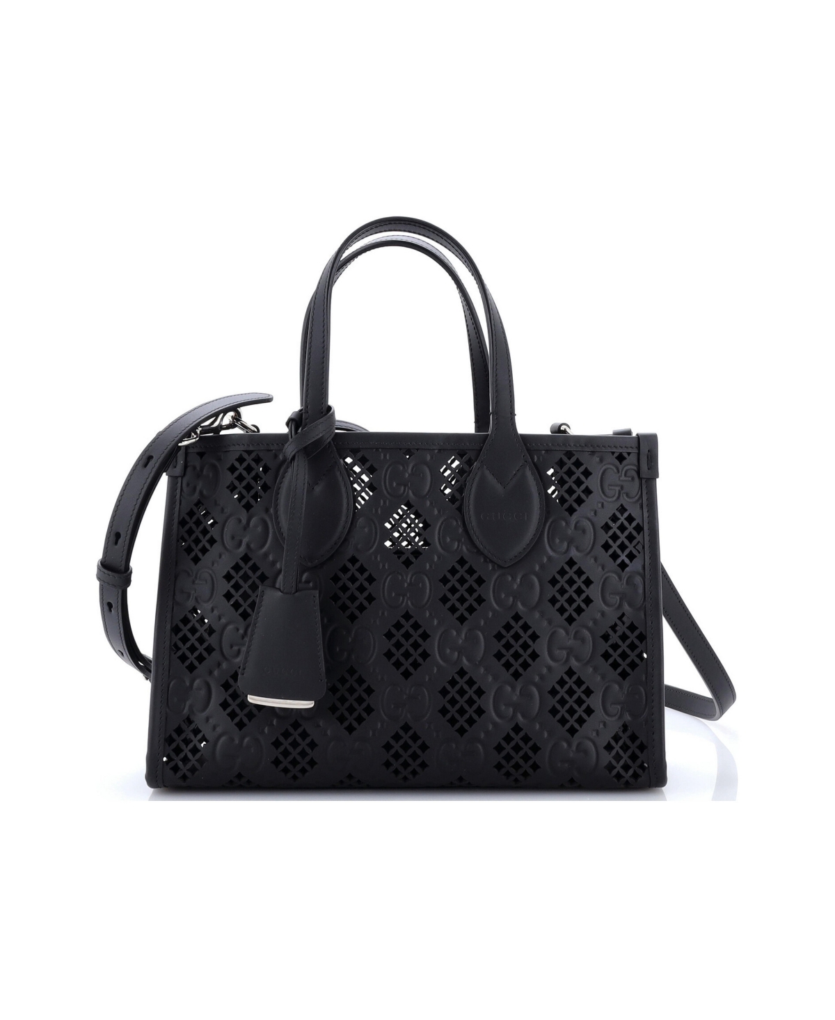 Pre-Owned Gucci Small Convertible Tote Gg Debossed Laser Cut Leather - Black