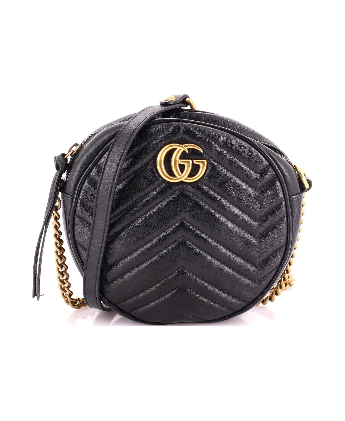 Pre-Owned Gucci Mini Gg Marmont Round Shoulder Bag Matelasse Leather - Black