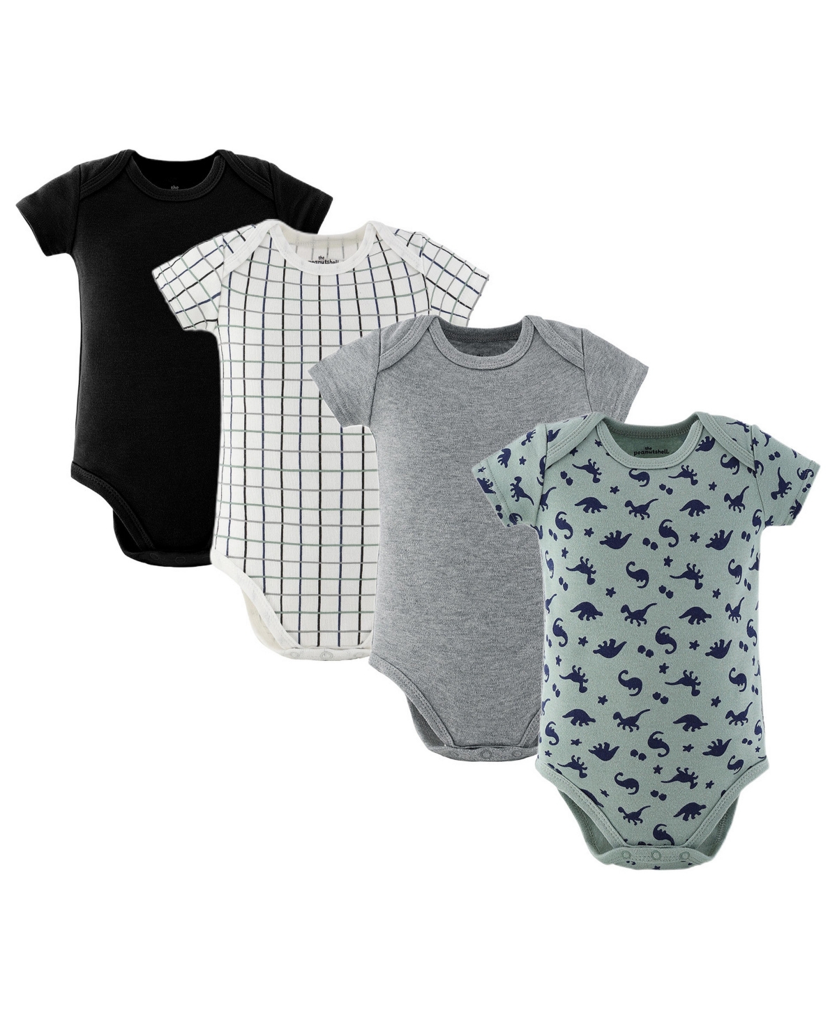 The Peanutshell Baby Boys' Truck Dino Dinosaurs Short-Sleeved Snap Closure Bodysuits, 4-Pack