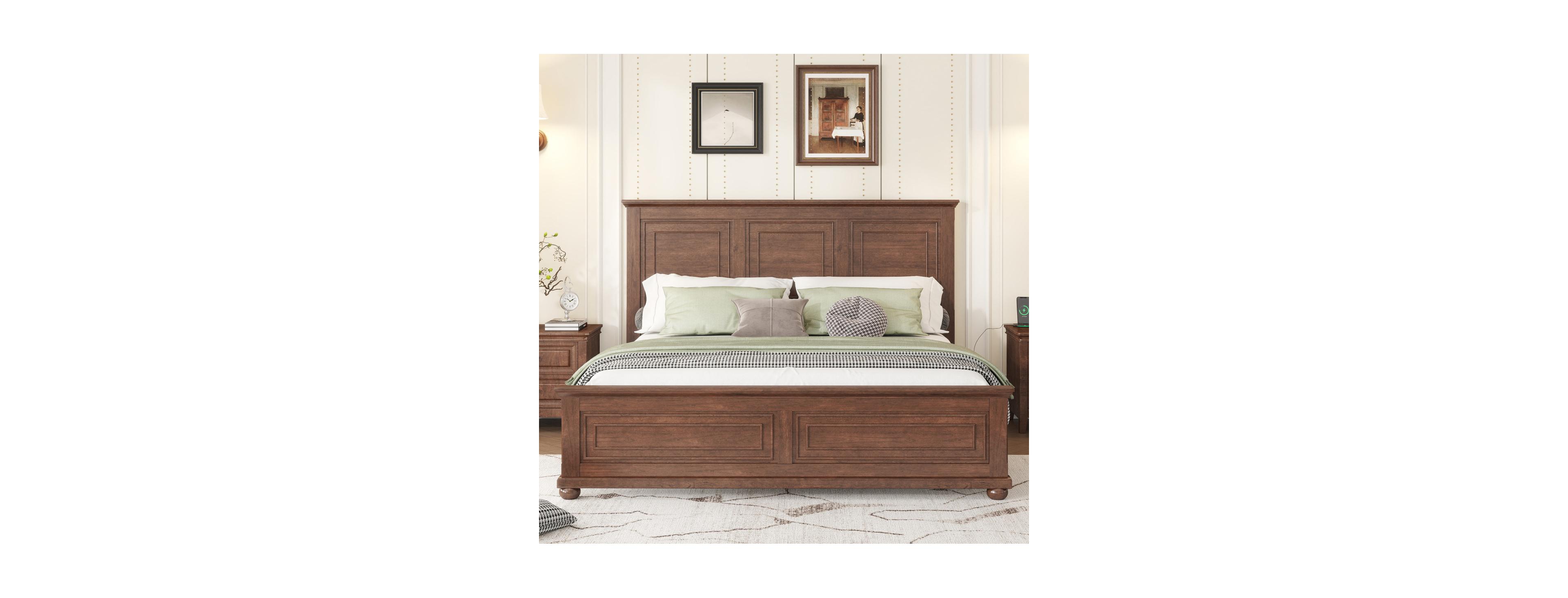 Streamdale Furniture King Size Wood Platform Bed with Usb Charging Station and Tall Headboard