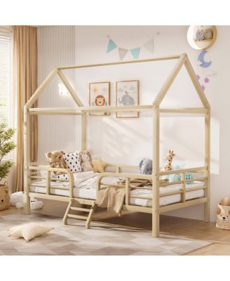  Twin House Bed Frame with Roof, Ladder and Guardrails, Wood Grain Metal