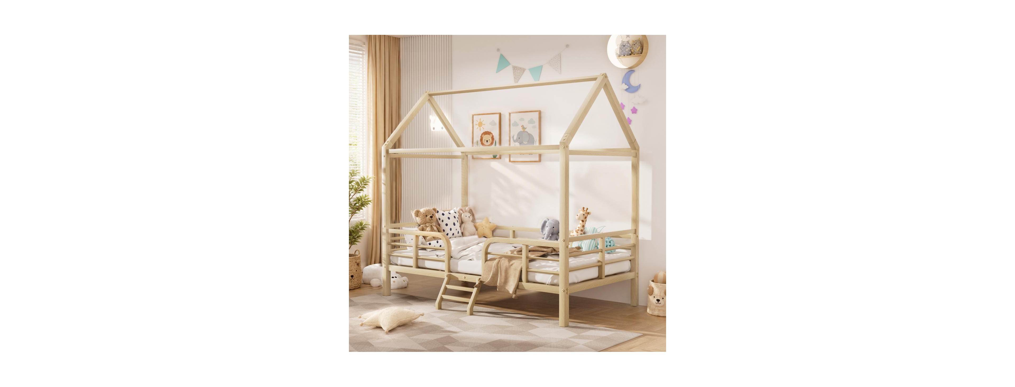 Streamdale Furniture Twin House Bed Frame with Roof, Ladder and Guardrails, Wood Grain Metal