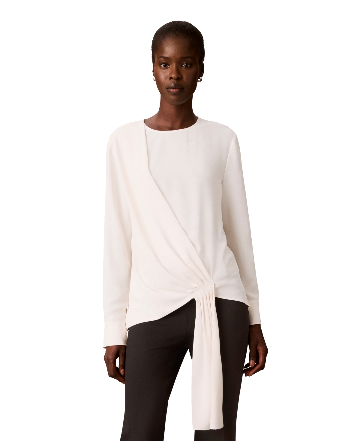 Calvin Klein Women's Long-Sleeve Crewneck Draped Blouse - Seasalt