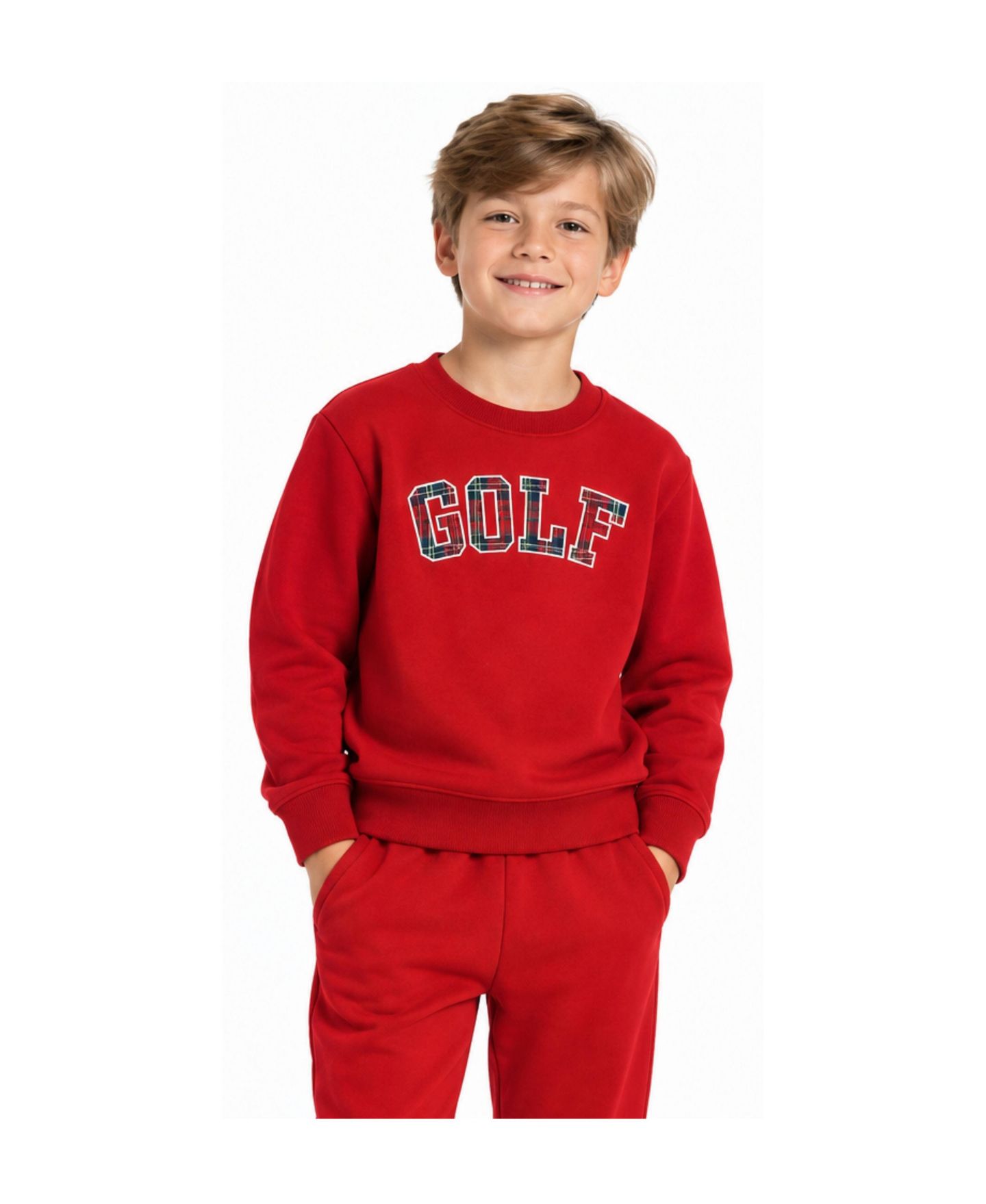 Bits & Bows Boys' and Girls' Plaid Golf Cotton Crewneck Sweatshirt and Joggers, 2-Piece Set, цвет: Красный / Белый — фото 2