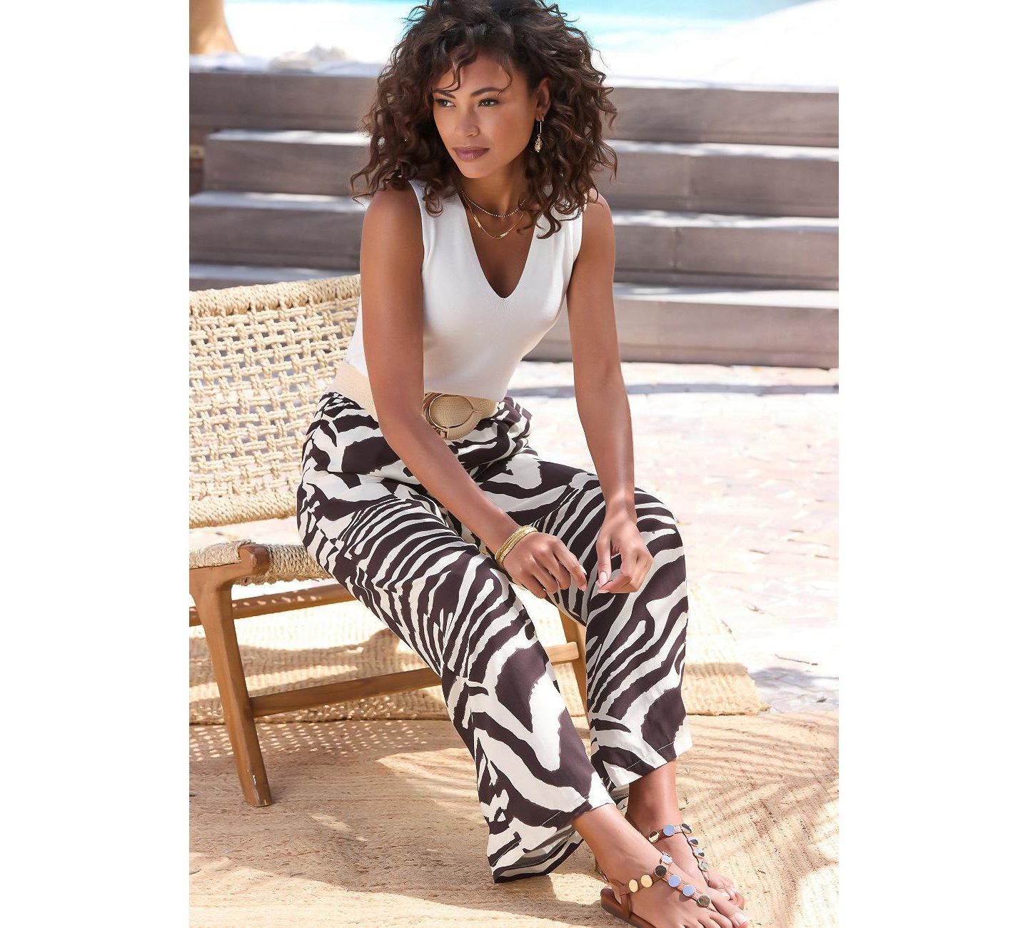 Женские брюки Lascana Wide-Leg Zebra-Print Pull-On, цвет: Молочный / Коричневый — фото 3