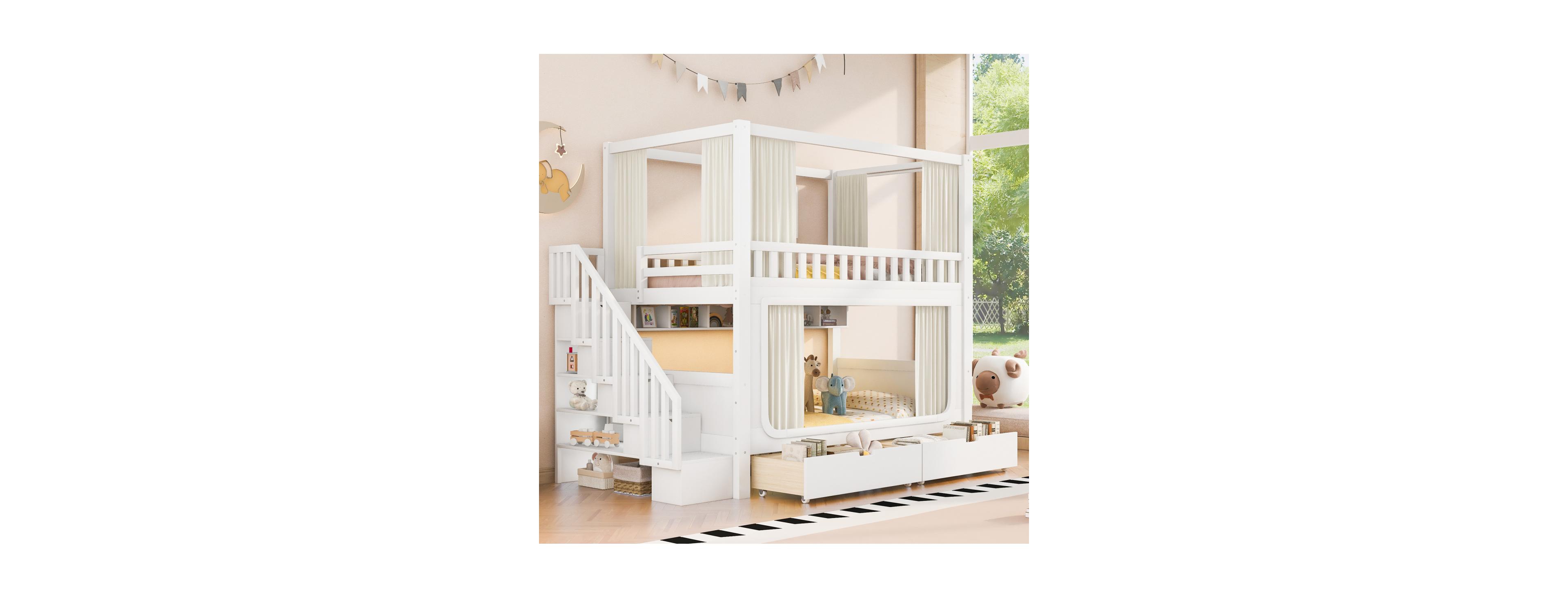 Streamdale Furniture Full Over Full Bunk Bed with Curtains, Led Lights, Storage and Drawers
