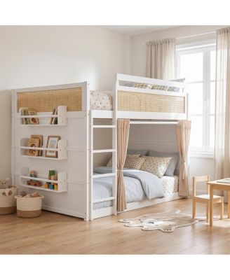   Full Bunk Bed with Storage, Rattan Decor, Curtains and Lights