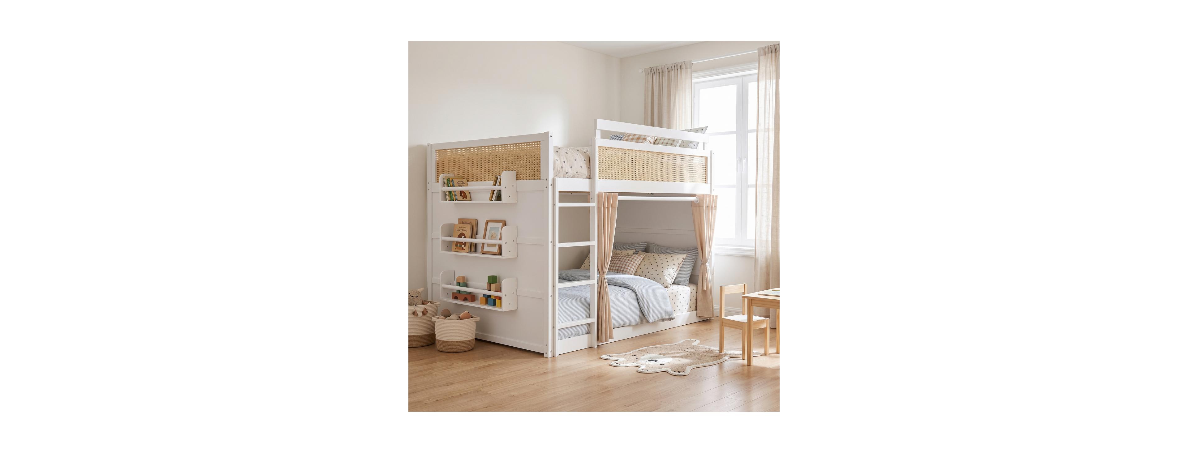 Streamdale Furniture Full Bunk Bed with Storage, Rattan Decor, Curtains and Lights