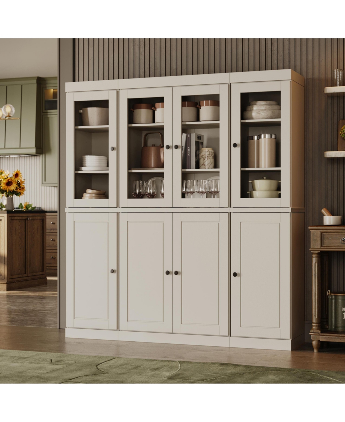 Palace Imports 100% Solid Wood 65" Pantry China Cabinet with Raised Panel, Clear Glass Doors & Adjustable Shelves - Off white