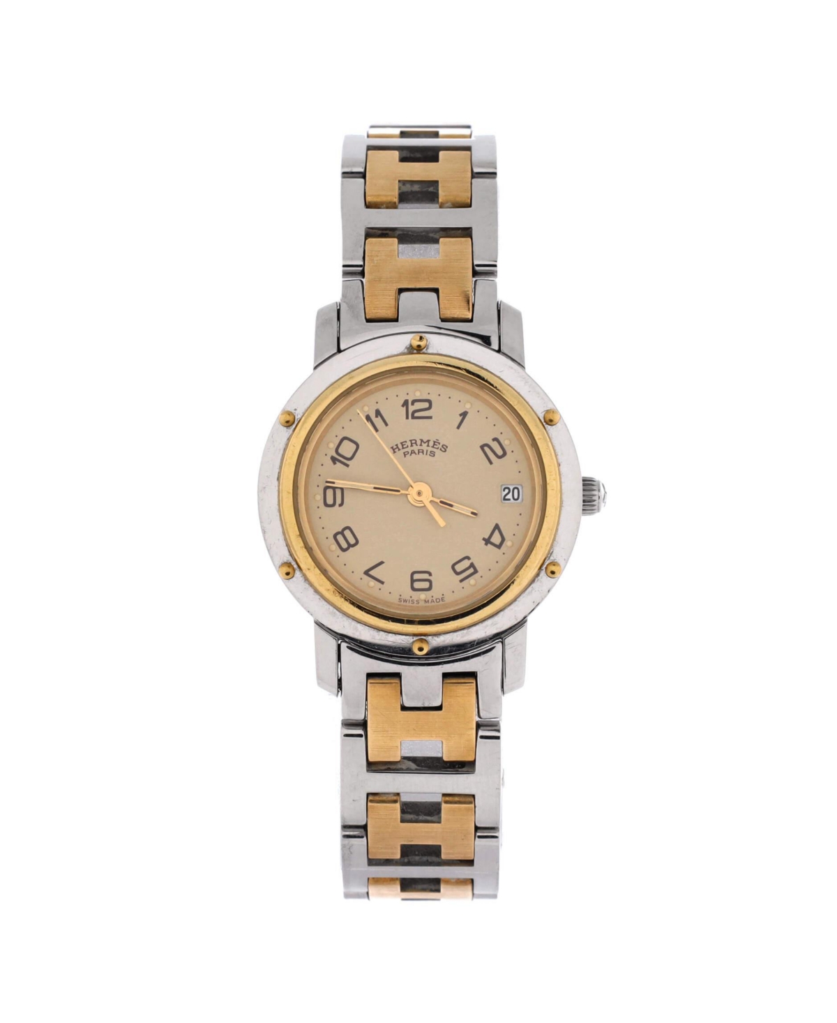 Pre-Owned Hermes Clipper Quartz Watch in Stainless Steel with Plated Metal 24mm - Dial color: natural