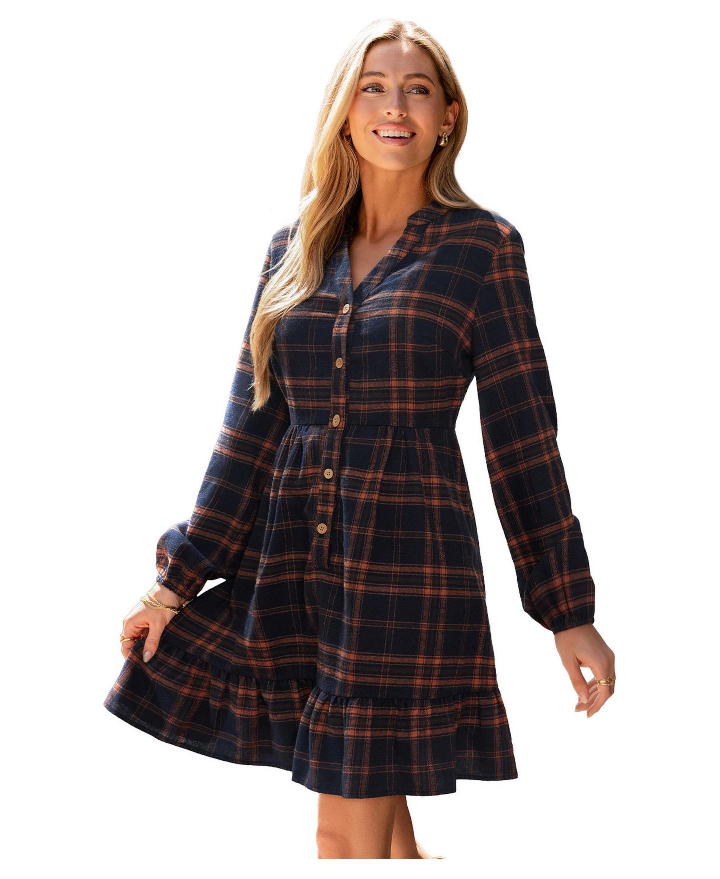 Женское платье Cupshe First Edition Long-Sleeve Plaid V-Neck Mini, цвет: Тёмный синий — фото 3