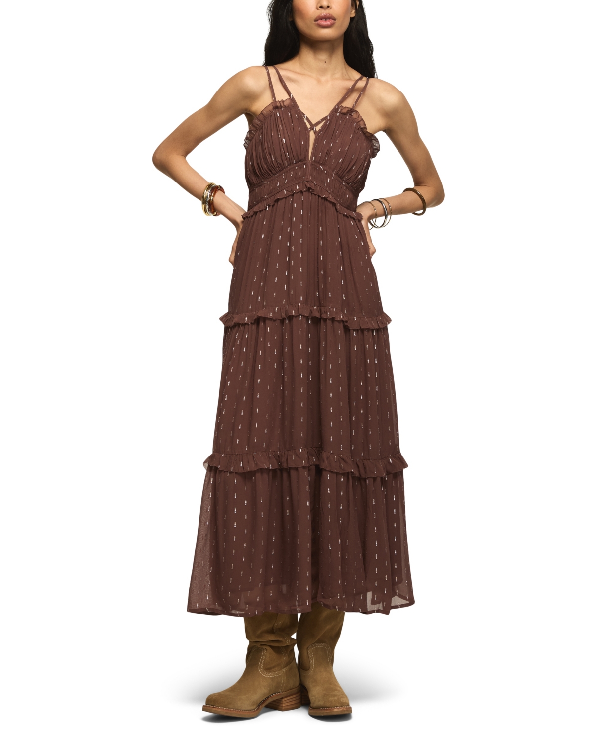 Lucky Brand Women's V-Neck Metallic Tiered Maxi Dress - Mauve
