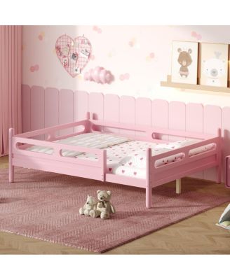   Full Wood Kids Bed Frame with Guardrails and Slats