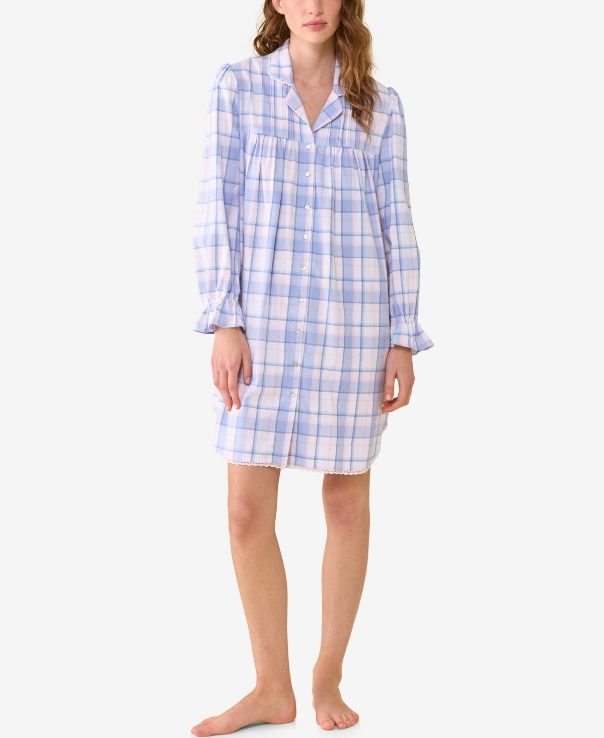 Eileen West Women's Cotton Flannel 38 Notch Collar Nightshirt in Blue Plaid | Size: XL | HerRoom.com